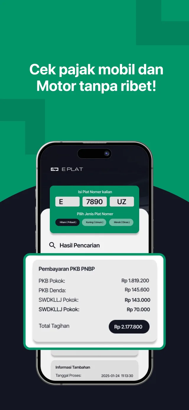 Hasil cek pajak di E Plat: PKB pokok, denda, SWDKLLJ, dan total tagihan